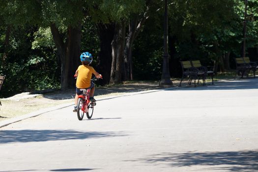 one boy riding a bike in the summer park