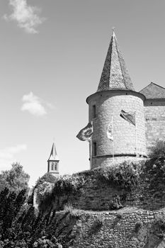 Deserted sights in France in black and white. Castle in medieval French city of Florac