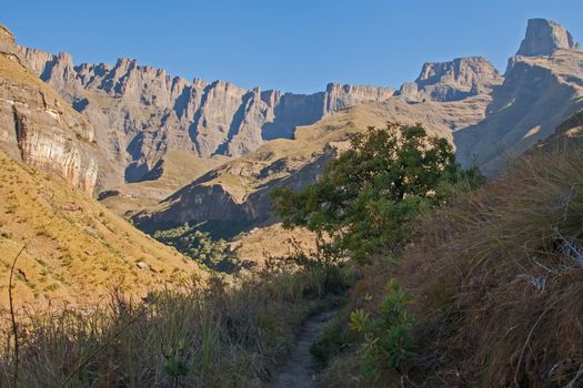 The Tugela Gorge Hiking Trail with views of the Amphitheater Formation in the Royal Natal National Park. Drakensberg. KwaZulu-Natal. South Africa