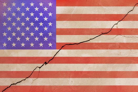 USA flag painted on cracked wall after earthquake disaster - flat texture.
