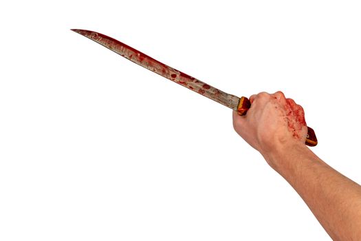 human hand holding old long bloody kitchen knife isolated on white background.