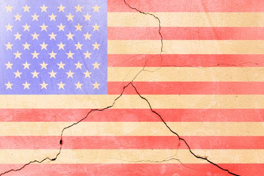 USA flag painted on cracked wall after earthquake disaster - flat texture.