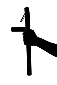 a black and white silhouette of bare hand with rubber police baton isolated on white background.