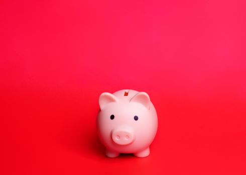 A Pink piggy bank isolated against red background