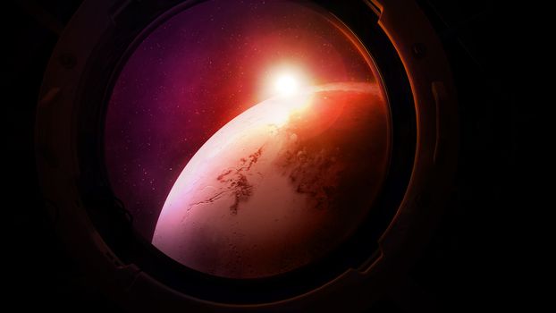 View of Mars illuminated by the sun from the porthole of a flying spaceship.