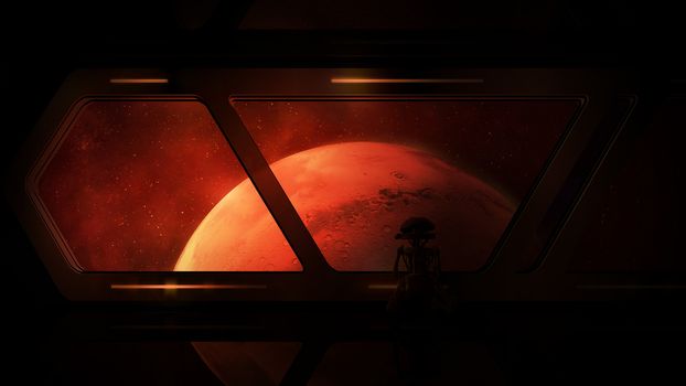 The red planet is visible from the porthole of a spaceship flying to Mars.