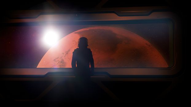 The silhouette of an astronaut in a spacesuit looking at Mars from the window of an approaching spaceship.