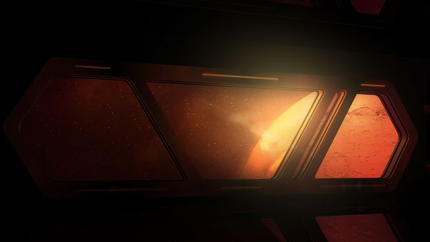 Planet Mars is visible in the windows of a passing spaceship.