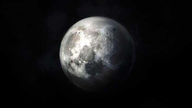 View of the realistic moon in dark gray colors against the background of outer space.