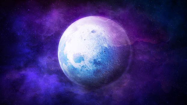 The moon glowing in a fantastically bright and colorful space.