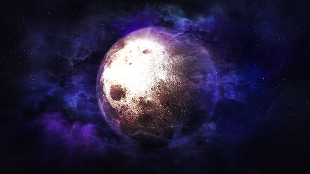 Fantastic moon against a background of colorful outer space.