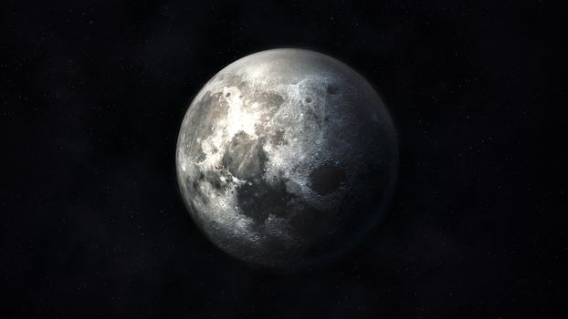 View of the realistic moon in dark gray colors against the background of outer space.