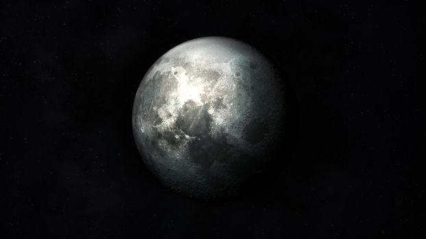 View of the realistic moon in dark gray colors against the background of outer space.