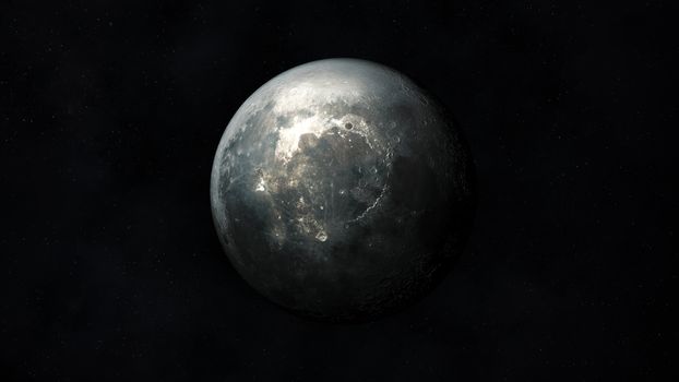 View of the realistic moon in dark gray colors against the background of outer space.