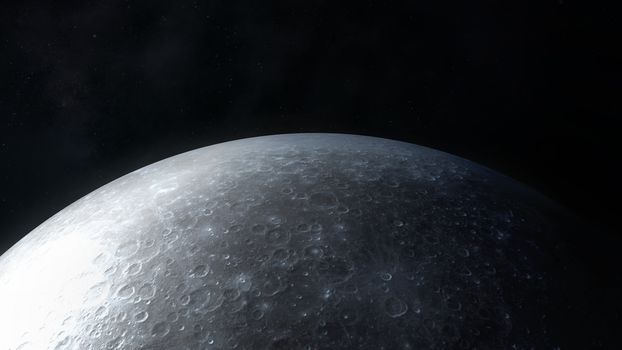 Close up view of the surface of the moon in dark gray colors.