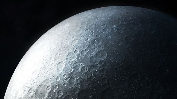 Close up view of the surface of the moon in dark gray colors.