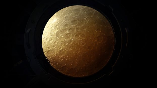 The yellow moon is visible from the porthole of a spaceship approaching it.