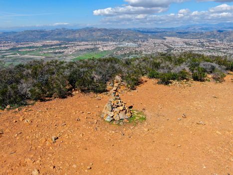 Balancing and concentration pile of rocks. Relaxation and meditation through simplicity harmony and rock balance lead to health and wellness. pile of rocks made on the top of the mountain. California