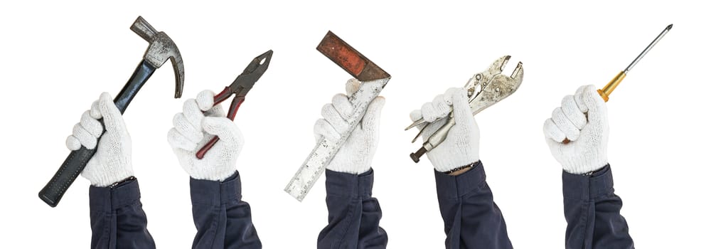 Set of working hand in glove holding tools isolated on white background