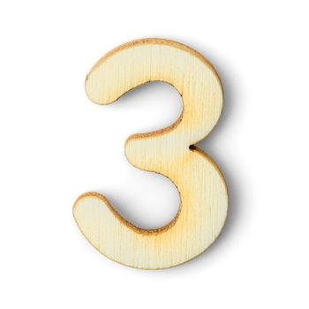 Wooden numeric 3  with drop shadow on white background