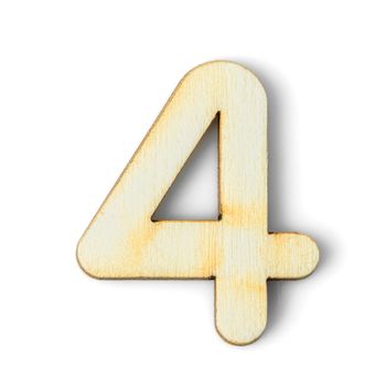 Wooden numeric 4 with drop shadow on white background