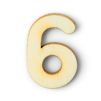 Wooden numeric 6 with drop shadow on white background