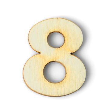 Wooden numeric 8 with drop shadow on white background