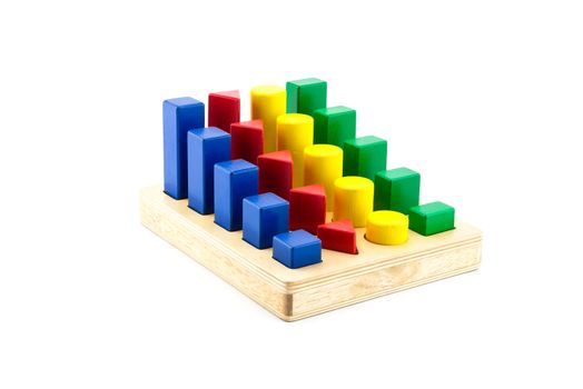 toy wood block multicolor building construction bricks isolated on white background.