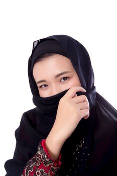 beautiful mysterious asian young woman wearing scarf close up isolated on white background.
