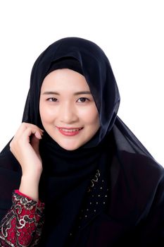Portrait of beautiful muslim asian woman isolated on white background with happy muslim woman, Age 20-30 years.