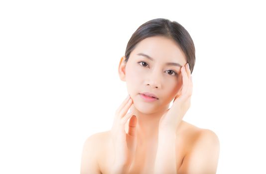 Beautiful girl with makeup, woman and skin care concept / attractive asia girl smilling on face isolated on white background.