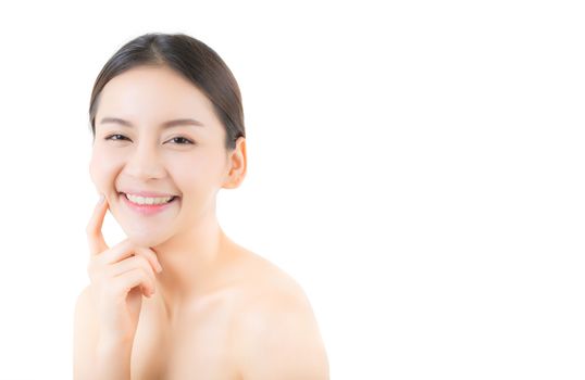 Beautiful girl with makeup, woman and skin care cosmetics concept / attractive asia girl smilling on face isolated on white background.
