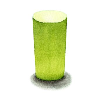 Green cylindrical , basic geometric shapes with dramatic light and shadow in watercolor style. Solids isolated on a white background. Clipping path.