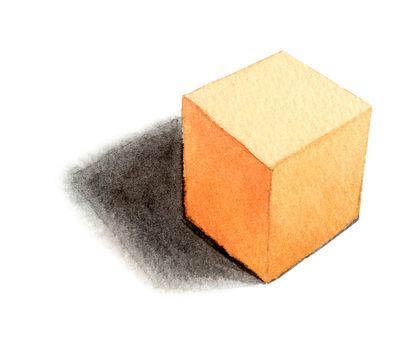 orange cube - light from the right, basic geometric shapes with dramatic light and shadow in watercolor style. Solids isolated on a white background. Clipping path.