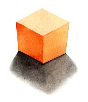 orange cube - light from the back, basic geometric shapes with dramatic light and shadow in watercolor style. Solids isolated on a white background. Clipping path.