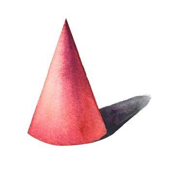 Red cone, basic geometric shapes with dramatic light and shadow in watercolor style. Solids isolated on a white background.