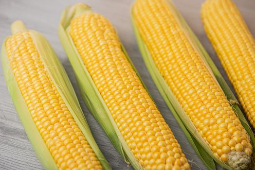 Group of raw corn cob with husks on a wooden background