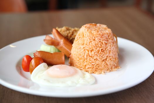 American Fried rice breakfast set on wood background