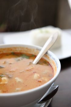 Thai traditional spicy prawn soup , Tom yum kung with rice