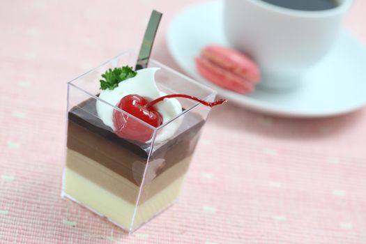 Cherry Panna Cotta pudding with coffee