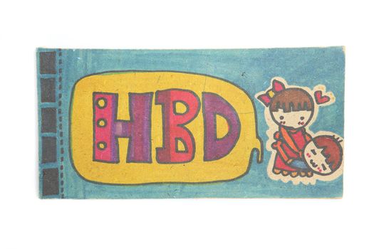 Girl and boy with Happy birth day by pastel on wood