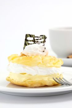 Cream puff cake Dessert and coffee isolated in white background