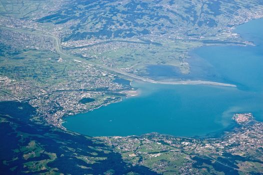 View from above of the south eastern corner of Lake Constance on the border of Germany and Austria. Lindau Bodensee is on the right hand side. To the left is Bregenz and the River Rhine.