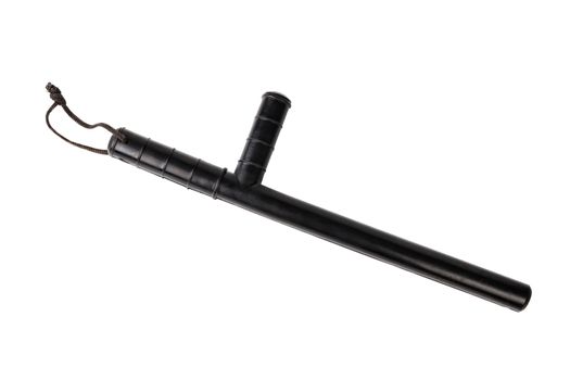 Black classic rubber police baton with lanyard isolated on white background. Flat lay top-down view. Shadowless.