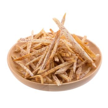 fried Taro slices Dip into the caramel In the basket isolated on white background.