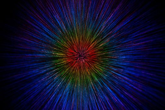 natural lens zoom explosion radial gradient color blurred dots on black background with selective focus.