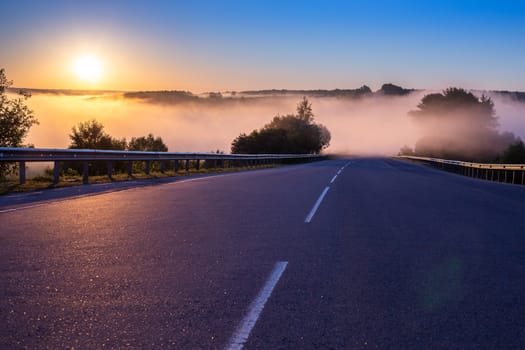 early morning fog in wold at summer highway near river with guard rails.