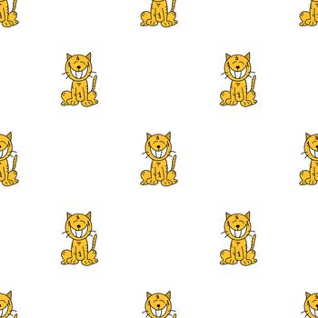 Yellow cat hand draw on white background. Seamless pattern for backdrop.