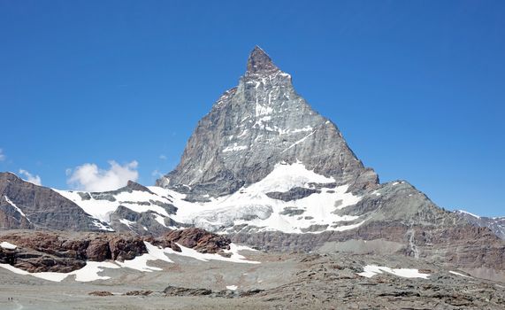 The Matterhorn, the iconic emblem of the Swiss Alps, summertime