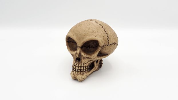 Alien skull toy model which made from plastic racin by hand made and white background studio shot and isolated.